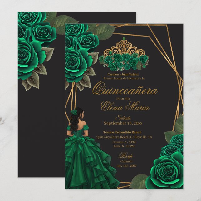 Black Grönt Ro Guld Princess Quinceañera Inbjudningar (Fram/baksida)