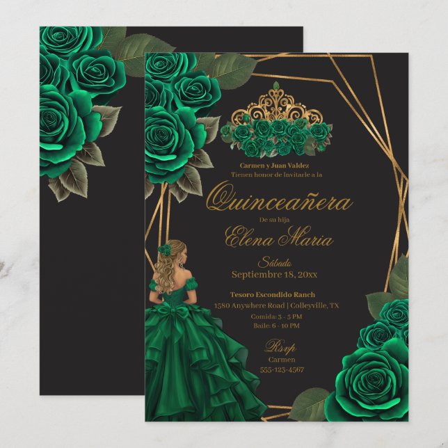 Black Grönt Ro Guld Princess Quinceañera Inbjudningar (Fram/baksida)