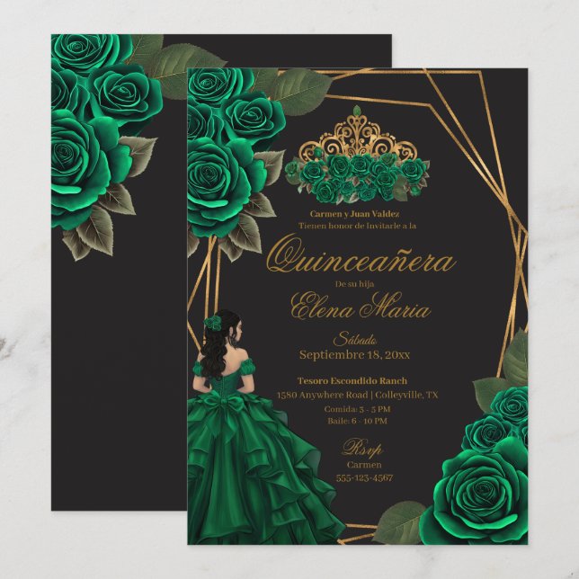 Black Grönt Ro Guld Princess Quinceañera Inbjudningar (Fram/baksida)