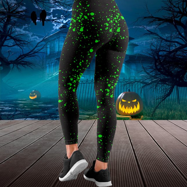 Black & Grönt Splatter Toxic Ooze Halloween Leggings (Black & Green Splatter Ooze Halloween Leggings)