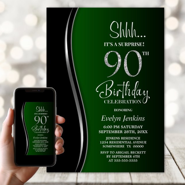 Black Grönt Surprise 90:e Birthday Inbjudningar (Skapare uppladdad)