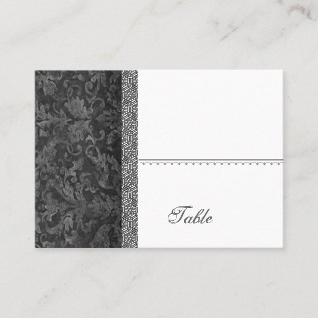 Black Grunge Damask Place Card - Bröllopsfest Placeringskort (Framsida)