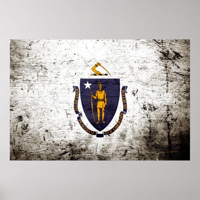 Black Grunge Massachusetts Statlig flagga Poster (Framsidan)