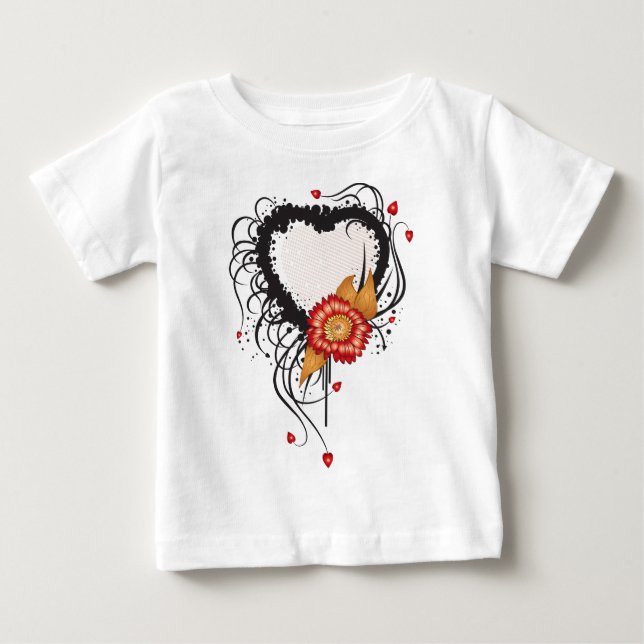 Black Grunge Stil Heart och Flower Tee Shirt (Framsida)