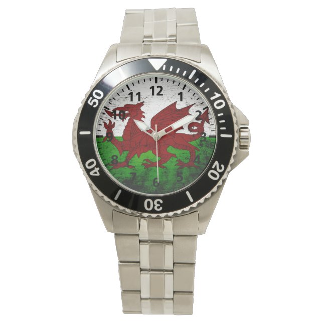 Black Grunge Wales Flagga Armbandsur (Framsida)