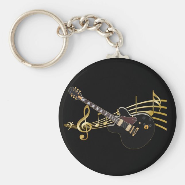 Black Guitar On Music Score Keychain Nyckelring (Framsidan)