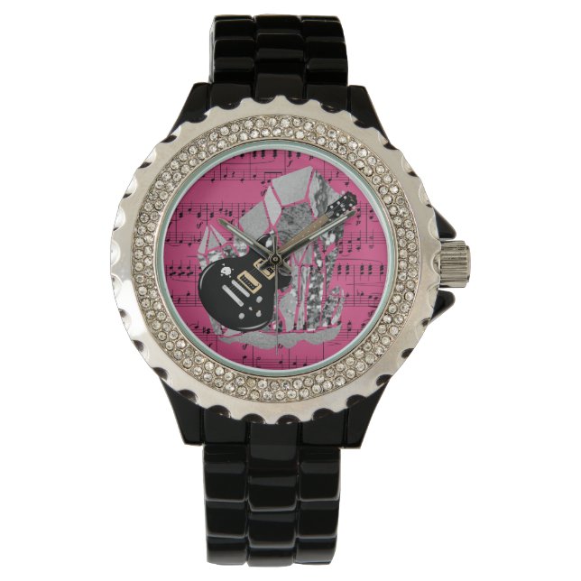 Black Guitar Rosa Lakan Music Silver Crystal Armbandsur (Framsida)
