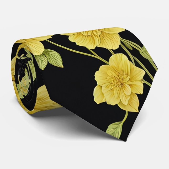 Black Gula blommor Guld Grönt Bröllop Neck Tie Slips (Rullad)