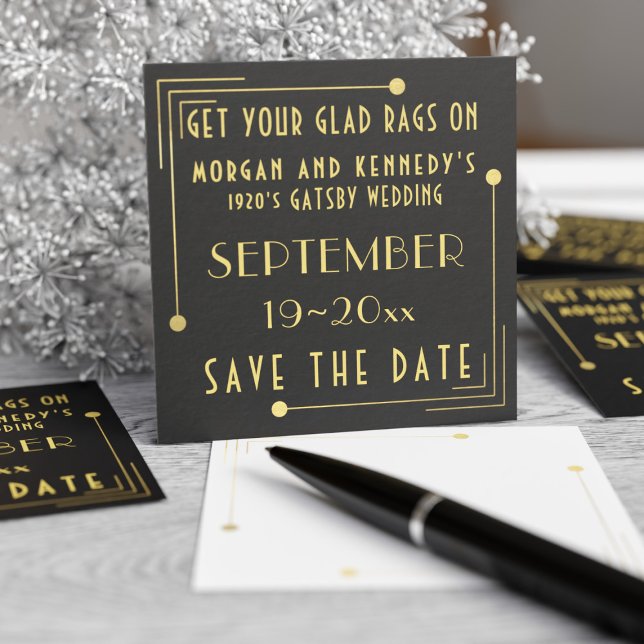 Black Guld 1920s Bröllop spara datum 100-pack Fyrkantigt Visitkort (A pack of 100 business card sized save the dates for your Gatsby Wedding. Just add your detail)
