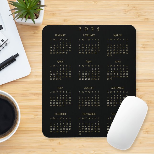 Black Guld 2025-Fullt kalenderhemmakontor Musmatta (Black Gold 2025 Full Year Calendar Home Office Mouse Pad)