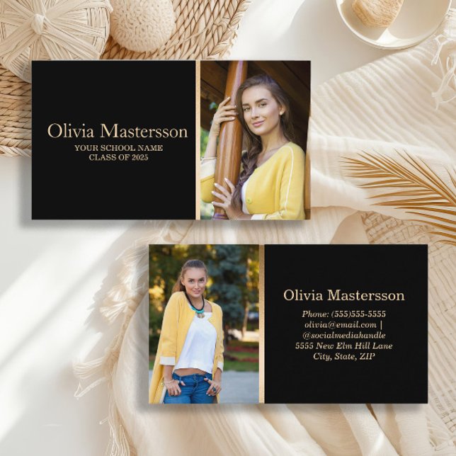 Black Guld 2 Photo Student Namn Card Visitkort (Black and gold high school or college graduation photo calling cards/business cards/insert cards)