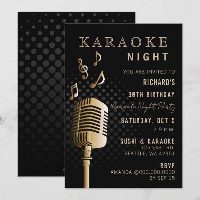 Black Guld 30års födelsedag Karaoke Night Party Inbjudningar (Fram/baksida)