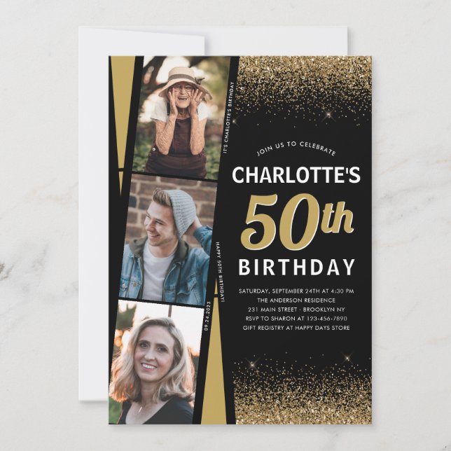 Black Guld 3 Photo Film Glitter, oavsett ålder Inbjudningar (Framsida)