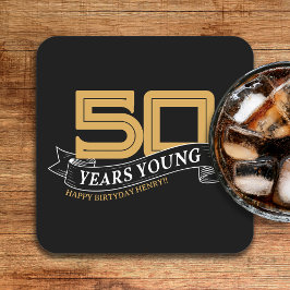 Black & Guld 50 års Young Banner 50:e födelsedagen Underlägg Papper Kvadrat