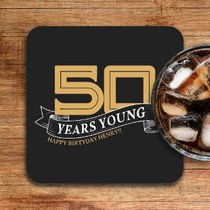 Black & Guld 50 års Young Banner 50:e födelsedagen Underlägg Papper Kvadrat