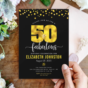 Black Guld 50 Fabulous Birthday Bold Glam Glitter Inbjudningar