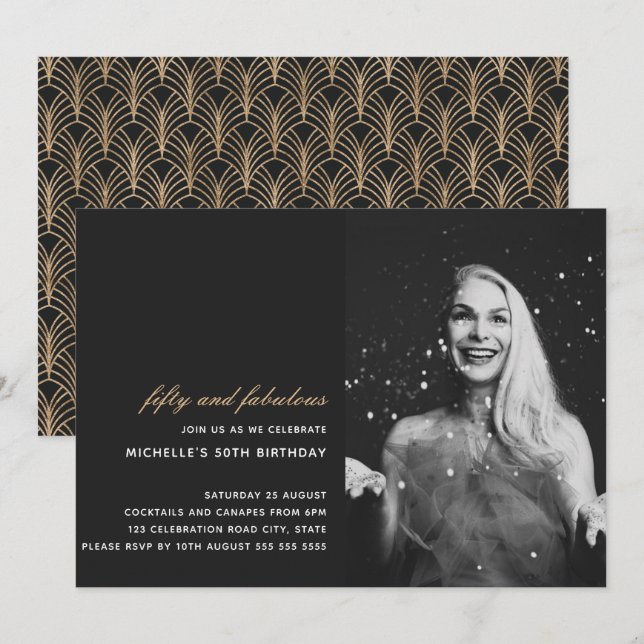 Black Guld 50 och Fabulous Art Deco Photo 50:e Inbjudningar (Fram/baksida)