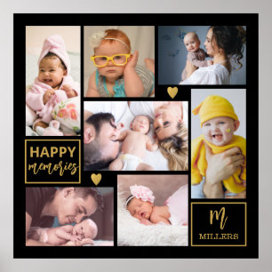Black & Guld 7 Photo Collage Family Namn Monogram Poster