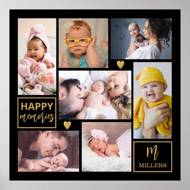 Black & Guld 7 Photo Collage Family Namn Monogram Poster (Framsidan)