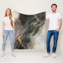 Black Guld Abstrakt Marble Fleecefilt