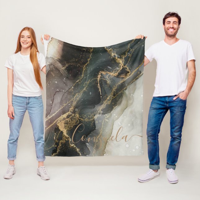 Black Guld Abstrakt Marble Fleecefilt (På plats)