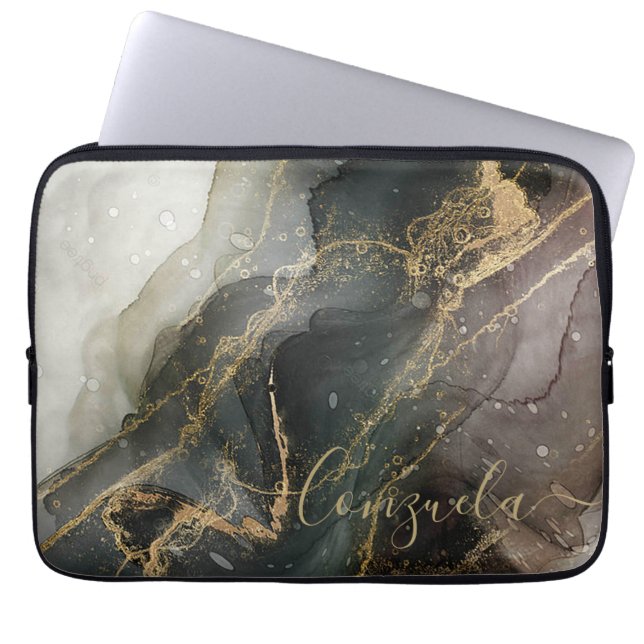 Black Guld Abstrakt Marble Laptop Fodral (Framsidan)