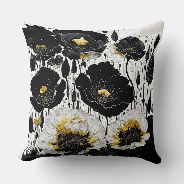 Black Guld Abstrakt Poppies Kudde (Framsida)