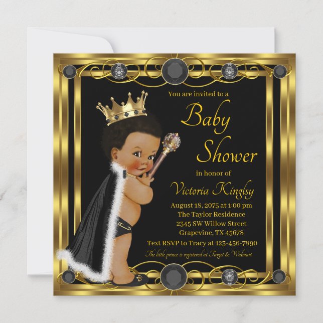 Black Guld Afro Prince Jewel Baby Shower Inbjudningar (Framsida)