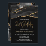 Black Guld Agate 21:a födelsedagen Party<br><div class="desc">Den här 21:a födelsedagsinbjudan till eleganten innehåller en vattenfärgsbild av en agate geode i svart med faux guld-högdagrar. "21:a födelsedagen" i ord visas i faux guld glitter i dekorativt modernt handskriftsteckensnitt. Anpassa den med hedersgästens namn i texten till guld färgad och uppgifterna i vitt. En matchande svart och guld-agate-design visas...</div>