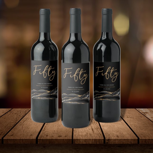 Black Guld Agate 50:e Födelsedagsfest Vin-etikett Vinflaska Etikett (Skapare uppladdad)