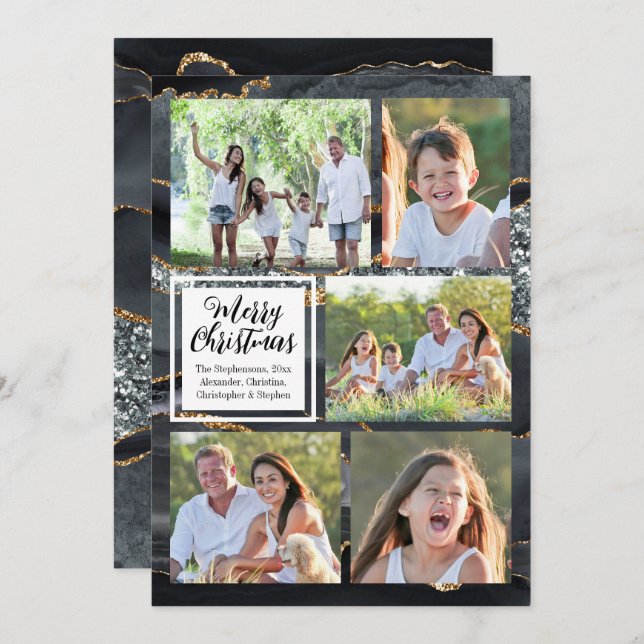 Black Guld Agate 5-Photo God jul Inbjudningar (Fram/baksida)