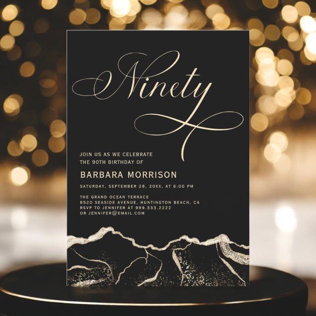 Black Guld Agate 90:e Nittio Födelsedagsfest Inbjudningar (Skapare uppladdad)
