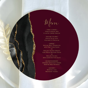 Black Guld Agate Burgundy Round Plate Bröllop Menu Meny