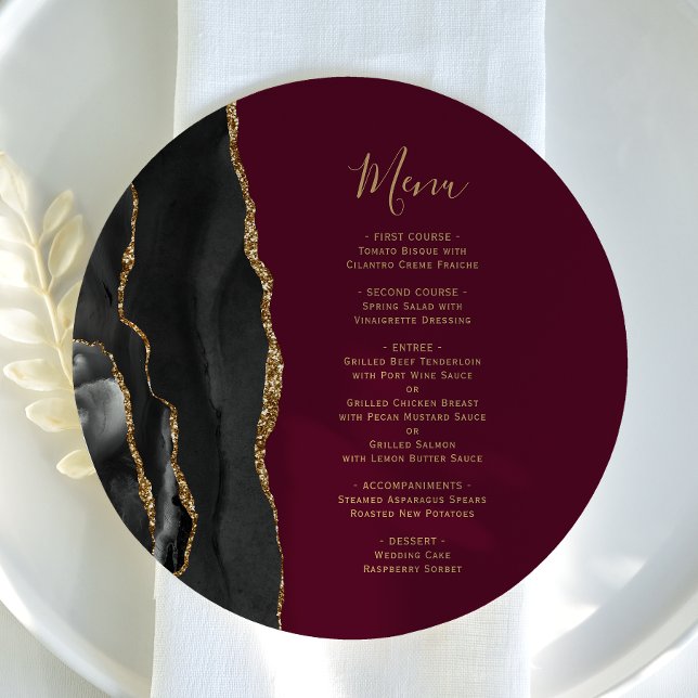 Black Guld Agate Burgundy Round Plate Bröllop Menu Meny (Skapare uppladdad)