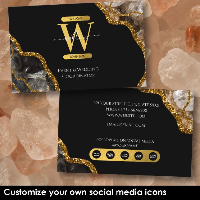 Black Guld Agate Geode Glitter Marble Social Media Visitkort (Black Gold Agate Geode Glitter Marble Social Media Business Card)