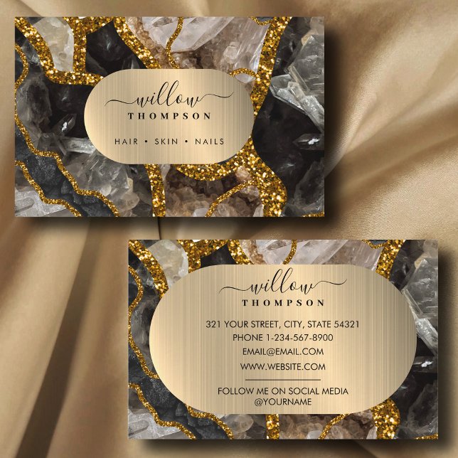 Black & Guld Agate Geode Glitter Marble Visitkort (Black & Gold Agate Geode Glitter Marble Business Card)