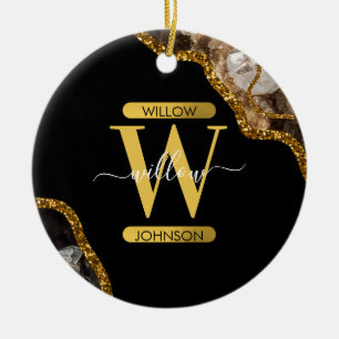 Black & Guld Agate Geode Glitter Monogram Marble Julgransprydnad Keramik