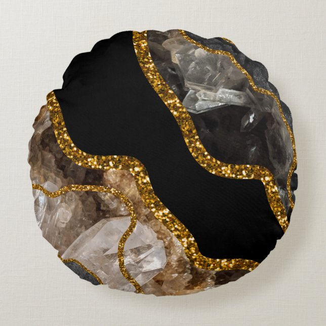 Black & Guld Agate Geode Glitter Rund Kudde (Framsidan)