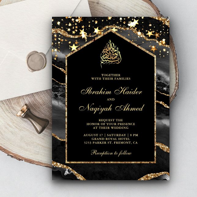 Black Guld Agate Marble Arch Muslim Bröllop Inbjudningar (Skapare uppladdad)