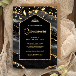 Black Guld Agate Marble Arch Quinceanera Inbjudningar