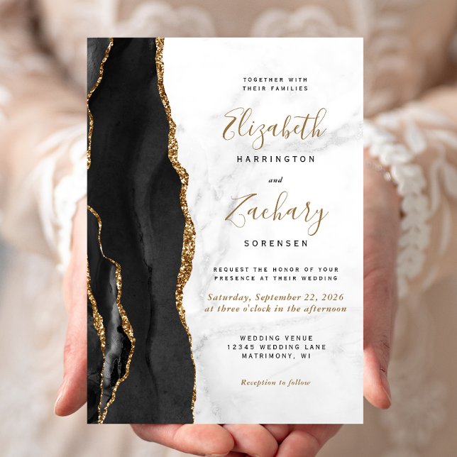 Black Guld Agate Marble Bröllop Inbjudningar (Skapare uppladdad)