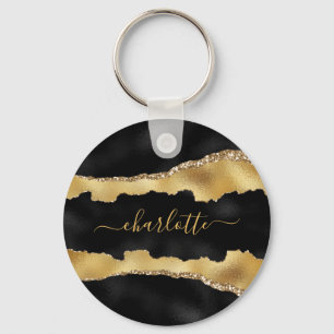 Black guld agate marble namn-skript nyckelring
