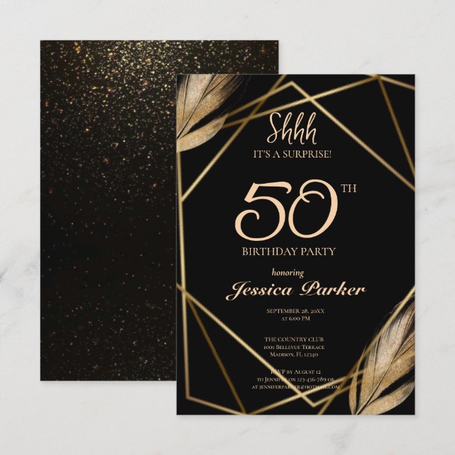Black Guld Agate Surprise 50:e födelsedagen Inbjudningar (Fram/baksida)