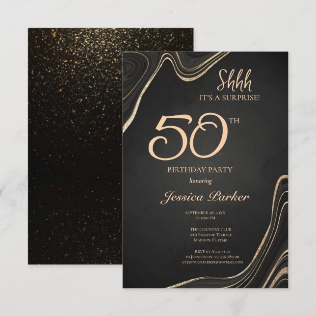 Black Guld Agate Surprise 50:e födelsedagen Inbjudningar (Fram/baksida)