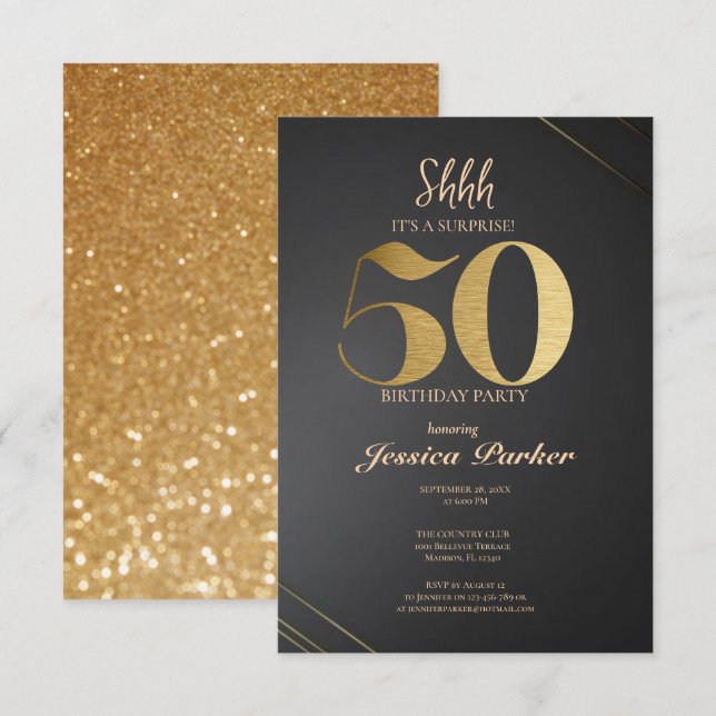 Black Guld Agate Surprise 50:e födelsedagen Inbjudningar (Fram/baksida)