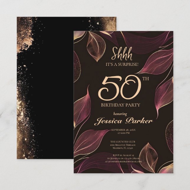 Black Guld Agate Surprise 50:e födelsedagen Inbjudningar (Fram/baksida)