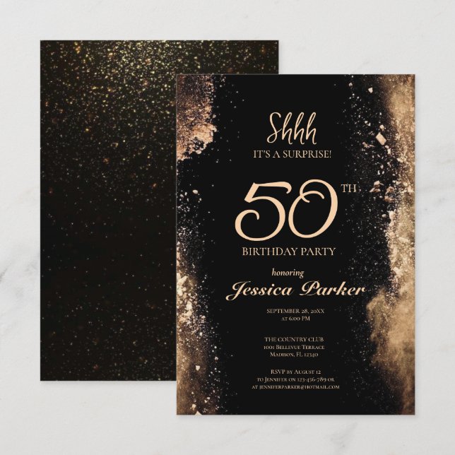 Black Guld Agate Surprise 50:e födelsedagen Inbjudningar (Fram/baksida)