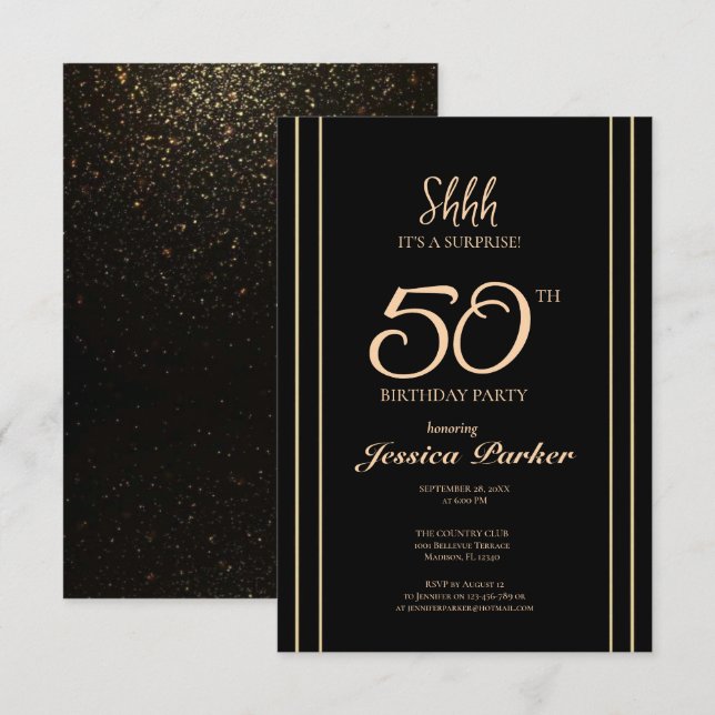 Black Guld Agate Surprise 50:e födelsedagen Inbjudningar (Fram/baksida)