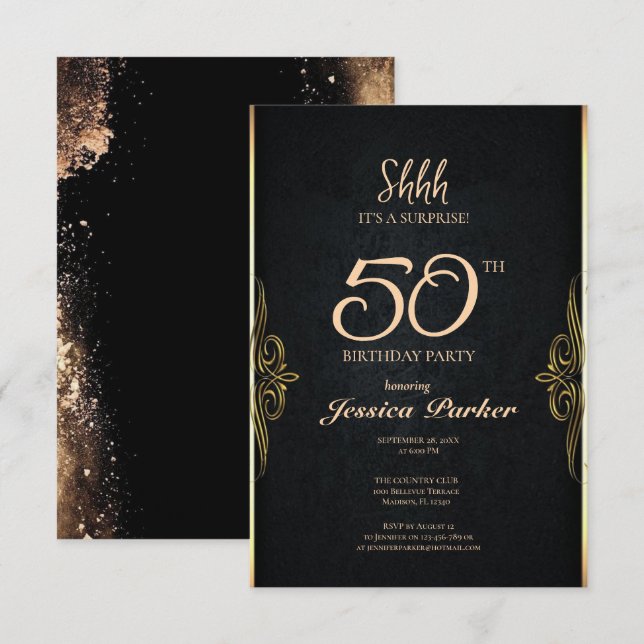 Black Guld Agate Surprise 50:e födelsedagen Inbjudningar (Fram/baksida)