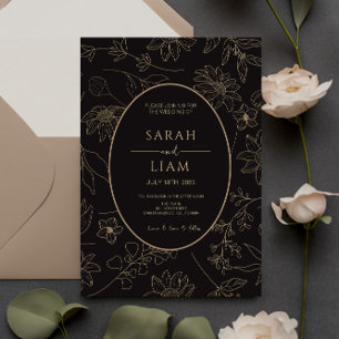 Black & Guld Anemone Line Art Wildblomma Bröllop Inbjudningar